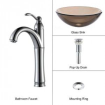 Glass Vessel Sink in Clear Brown with Single Hole 1-Handle High-Arc Riviera Faucet in Chrome