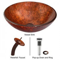 Glass Vessel Sink in Mahogany Moon with Waterfall Faucet Set in Oil Rubbed Bronze