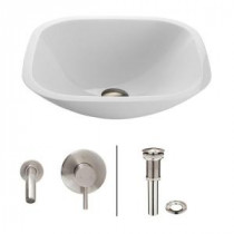 Square Shaped Stone Glass Vessel Sink in White Phoenix with Wall-Mount Faucet Set in Brushed Nickel