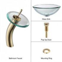 19 mm Thick Glass Bathroom Sink in Clear with Single Hole 1-Handle Low-Arc Waterfall Faucet in Gold