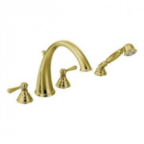 Kingsley 2-Handle Deck-Mount High Arc Roman Tub Faucet Trim Kit with Handshower in Polished Brass (Valve Not Included)