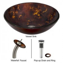 Glass Vessel Sink in Brown and Gold Fusion with Waterfall Faucet Set in Brushed Nickel