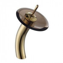 Single Hole 1-Handle Low-Arc Vessel Glass Waterfall Faucet in Gold with Glass Disk in Clear Brown