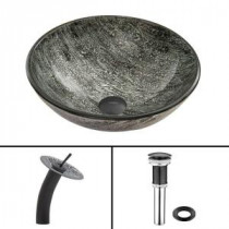 Glass Vessel Sink in Titanium and Waterfall Faucet Set in Matte Black