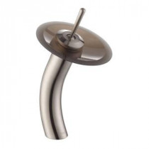 Single Hole 1-Handle Low-Arc Vessel Glass Waterfall Faucet in Satin Nickel with Glass Disk in Frosted Brown
