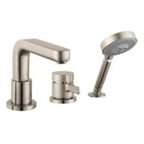 Single-Handle Deck-Mount Thermostatic Tub Filler Trim Kit with Handshower in Brushed Nickel (Valve Not Included)