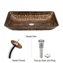 Rectangular Glass Vessel Sink in Golden Greek with Waterfall Faucet Set in Chrome