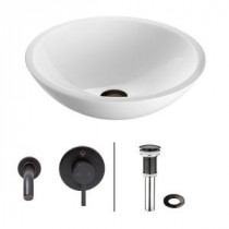Flat Edged Stone Glass Vessel Sink in White Phoenix with Wall-Mount Faucet Set in Antique Rubbed Bronze