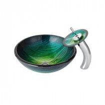 Nei Glass Vessel Sink in Multicolor and Waterfall Faucet in Chrome