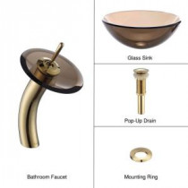 Glass Bathroom Sink in Clear Brown with Single Hole 1-Handle Low-Arc Waterfall Faucet in Gold