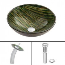 Glass Vessel Sink in Green Asteroid and Waterfall Faucet Set in Chrome