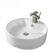 Round Ceramic Sink in White with Unicus Basin Faucet in Brushed Nickel