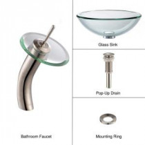19 mm Thick Glass Bathroom Sink in Clear with Single Hole 1-Handle Low-Arc Waterfall Faucet in Satin Nickel